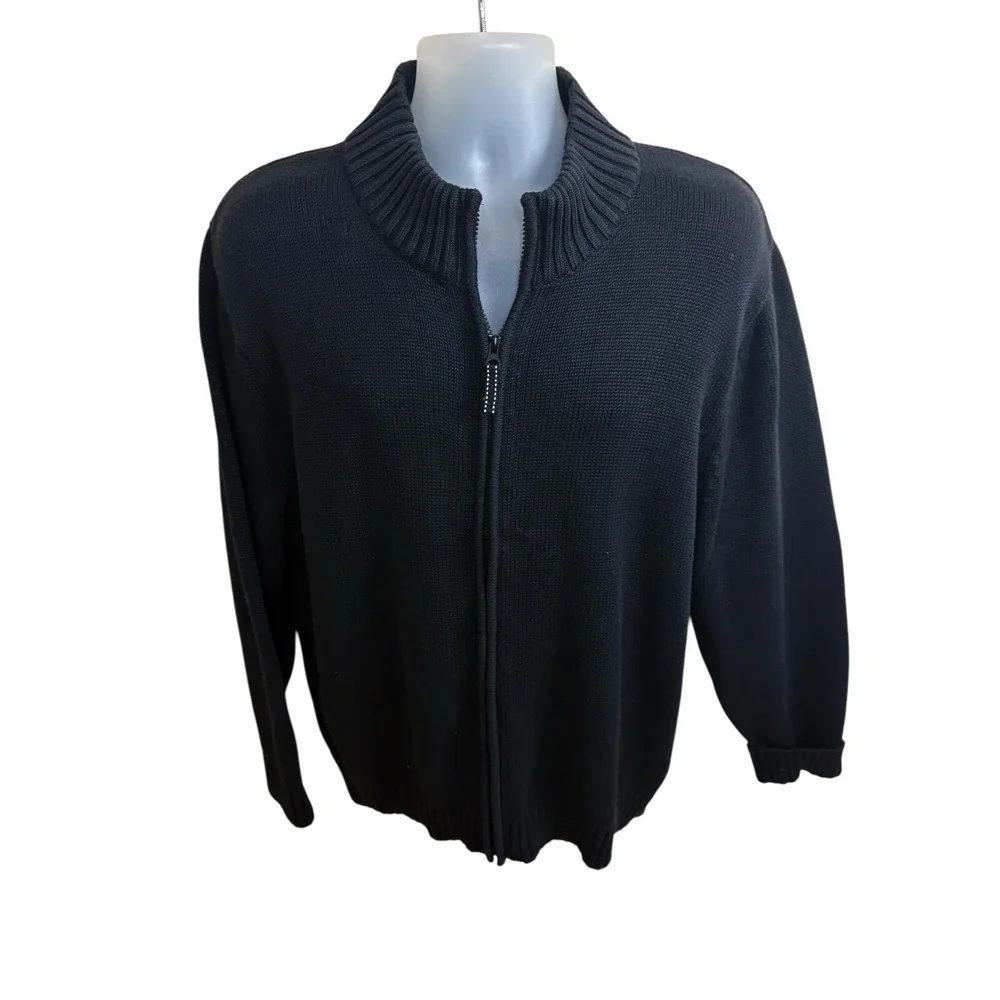 Lands End Cardigan Mens Size Large Navy Full Zip 100% Wool‎ Minimalist Classic